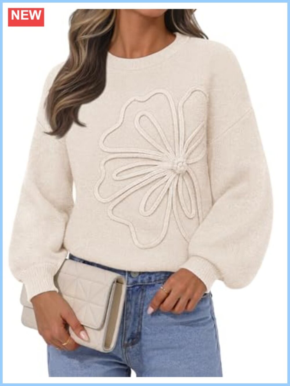 Womens Oversized Knit Pullover Sweater 3D Floral Lantern Sleeve Fall Winter